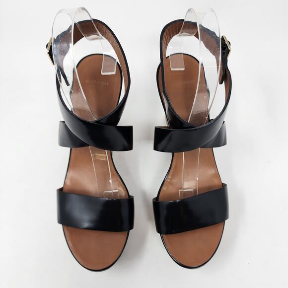 Givenchy Platform Wood Wedge Sandals Women 38/8 Black Strappy Leather Buckle - Picture 3 of 9
